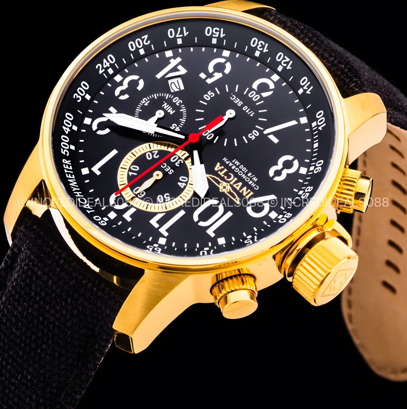 Invicta Men I FORCE LEFTY Chronograph GOLD BLACK Dial Nylon Strap 46mm Watch