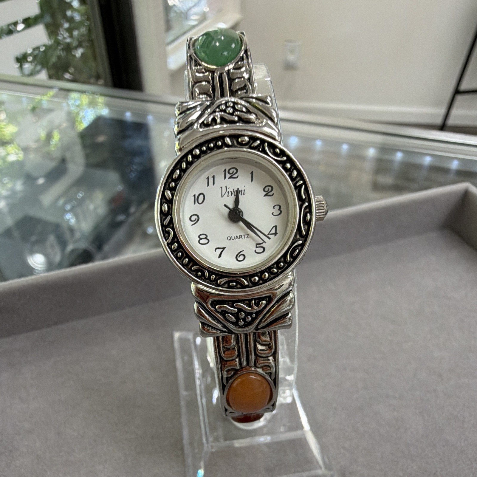 Vivani Women’s Quartz Analog Wristwatch Silver Tone Bangle White Dial Stones