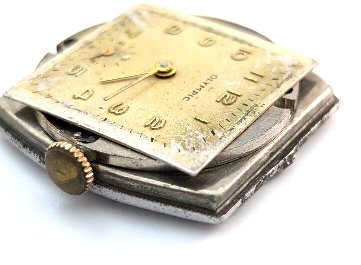 Vintage OLYMPIC Gsell & Co 7j 28mm Swiss Watch Movement & Rear Case PARTS REPAIR