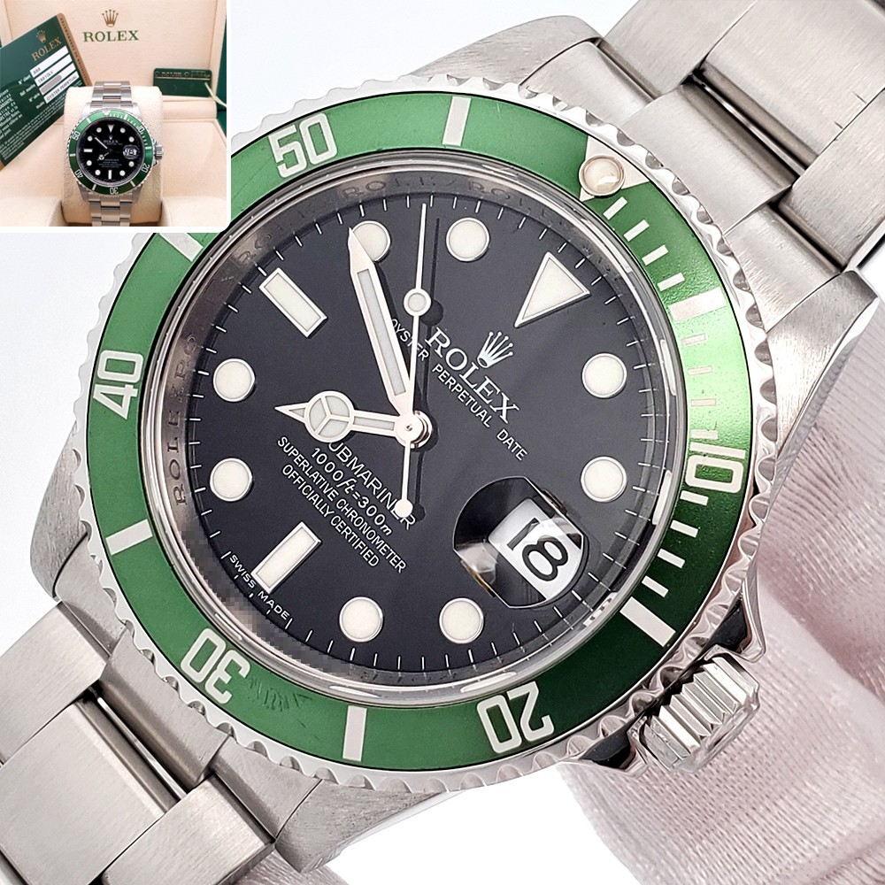 Rolex Submariner «Kermit» Date Engraved Rehaut Green Steel 16610LV Box Papers