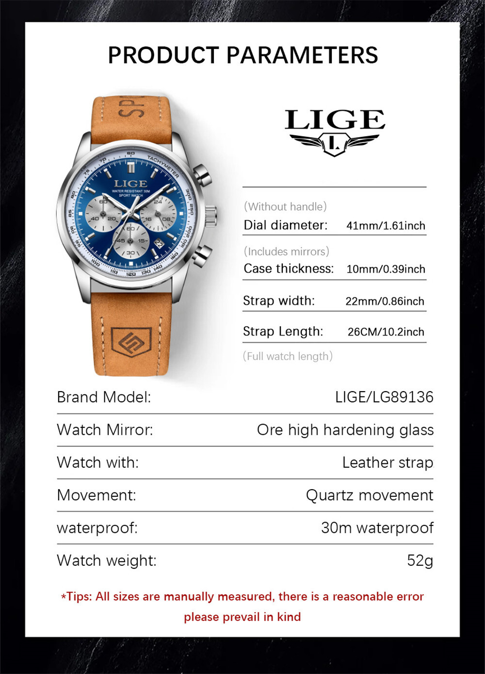 LIGE Men Watch Top Brand Luxury Military Leather Wristwatch Male Calendar Watch