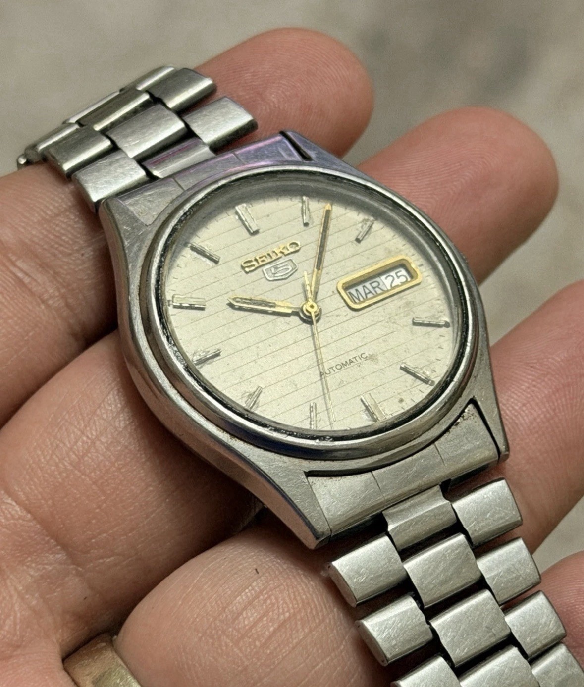 Vintage Seiko 5 Automatic Linen Dial Day Date 6309A Mens Watch Original Bracelet