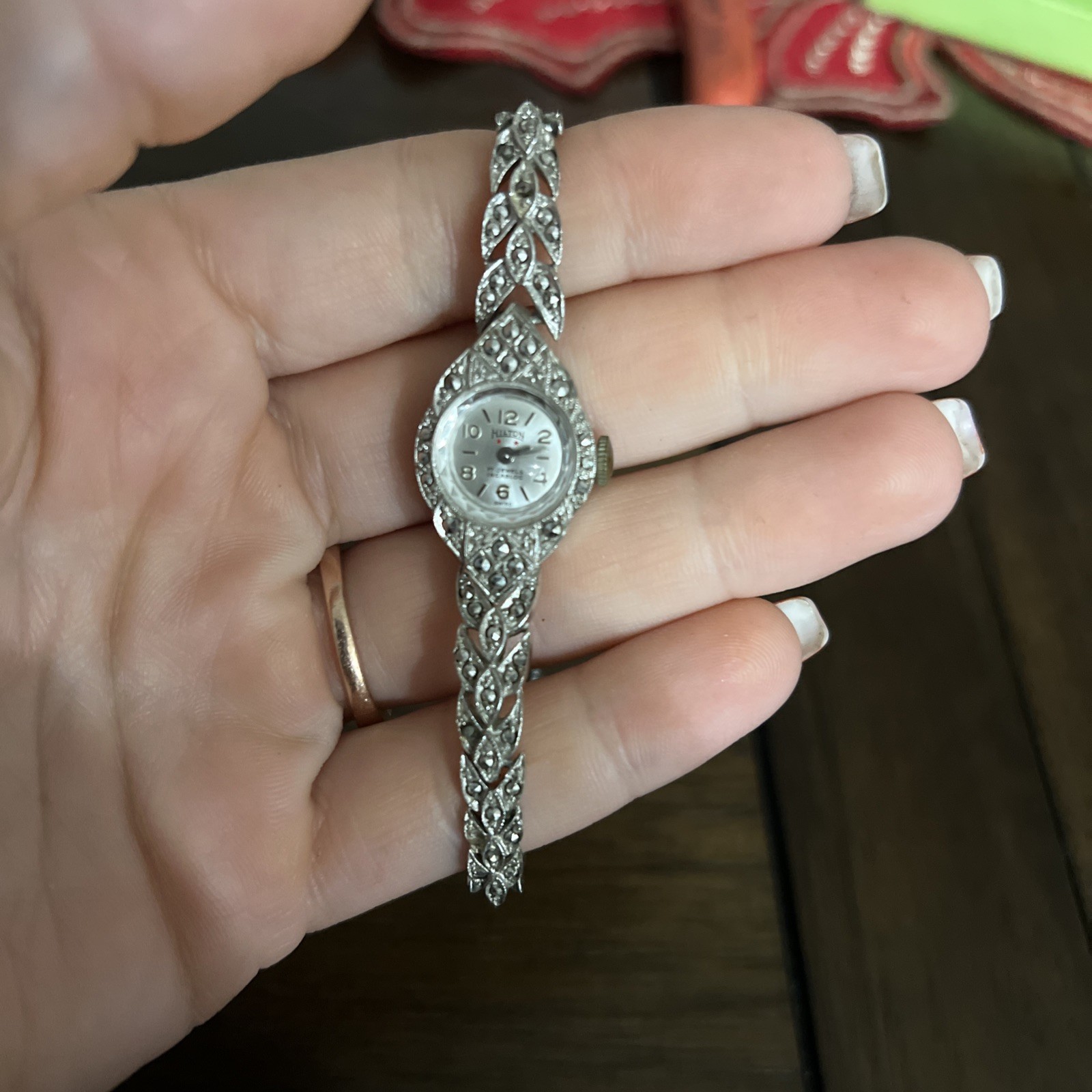 Vintage Hilton Ladies Swiss Watch Silver Tone Marcasite Art Deco Bracelet