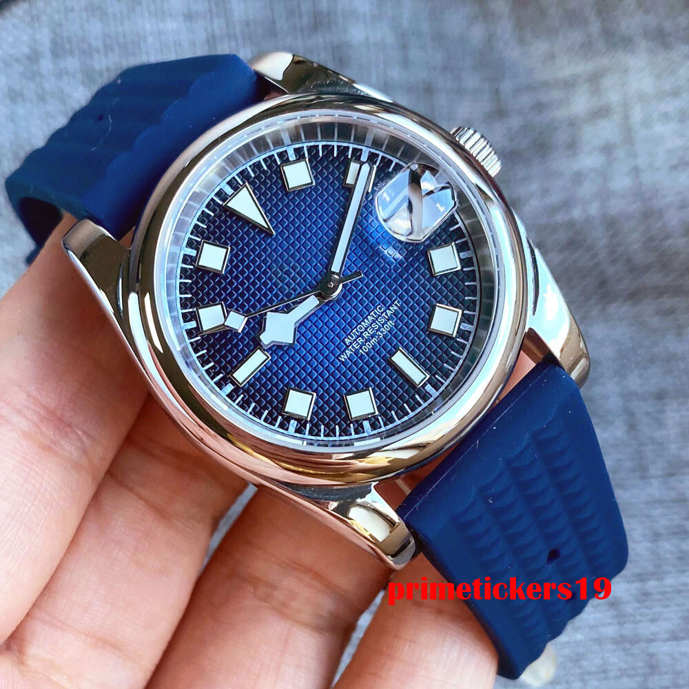 BLIGER 36mm/39mm Polished Case NH35A Automatic Men Watch Grid Dial Date Rubber