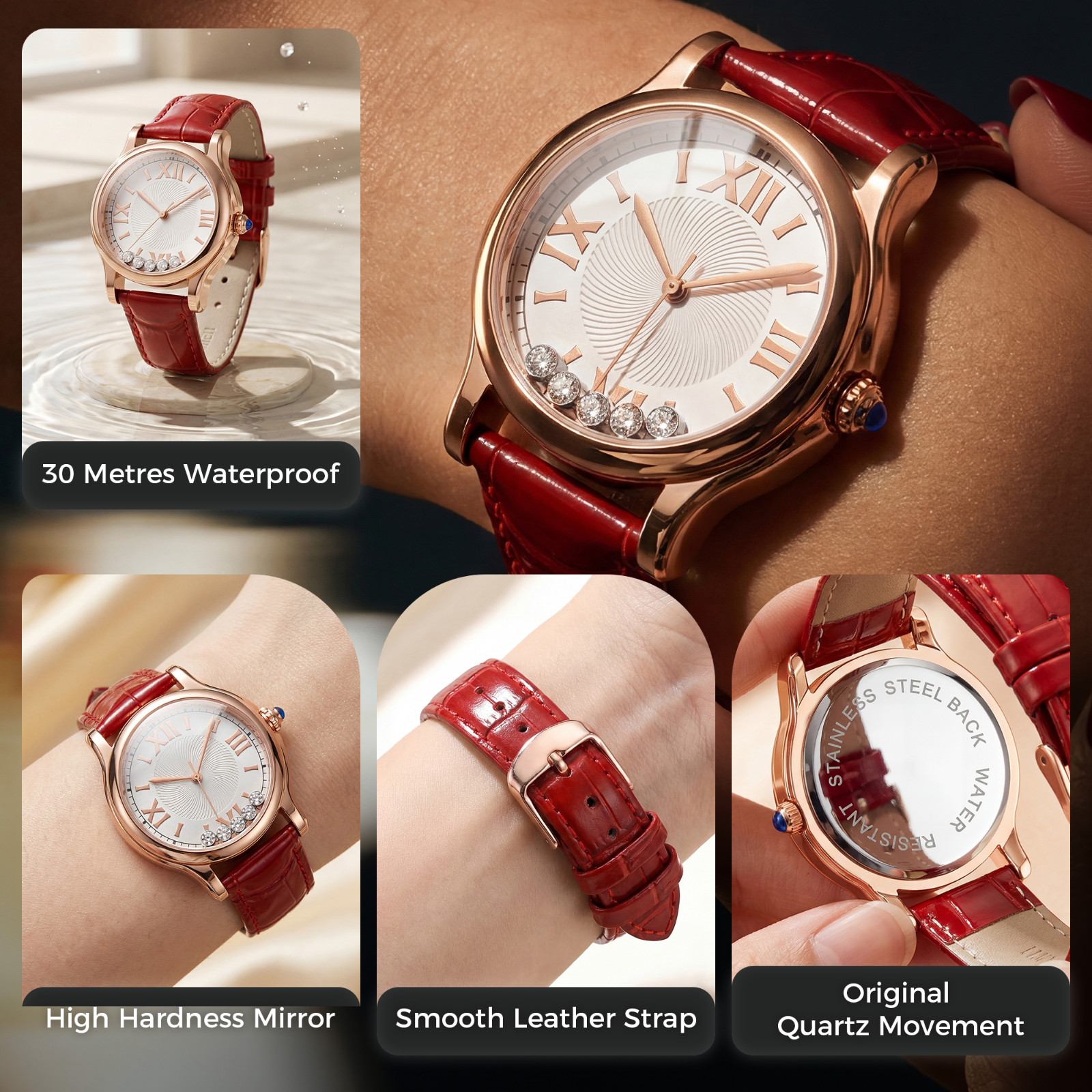 VORSEL Elegant Women Floating Crystal Dial Watch Rose Gold Roman Numeral Leather