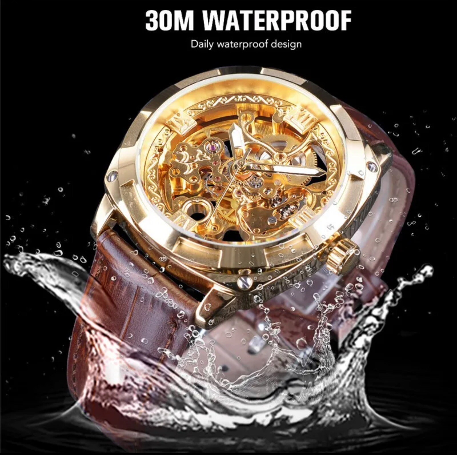 Forsining Mens Skeleton Mechanical Waterproof Luxury Watch Leather Gift Idea