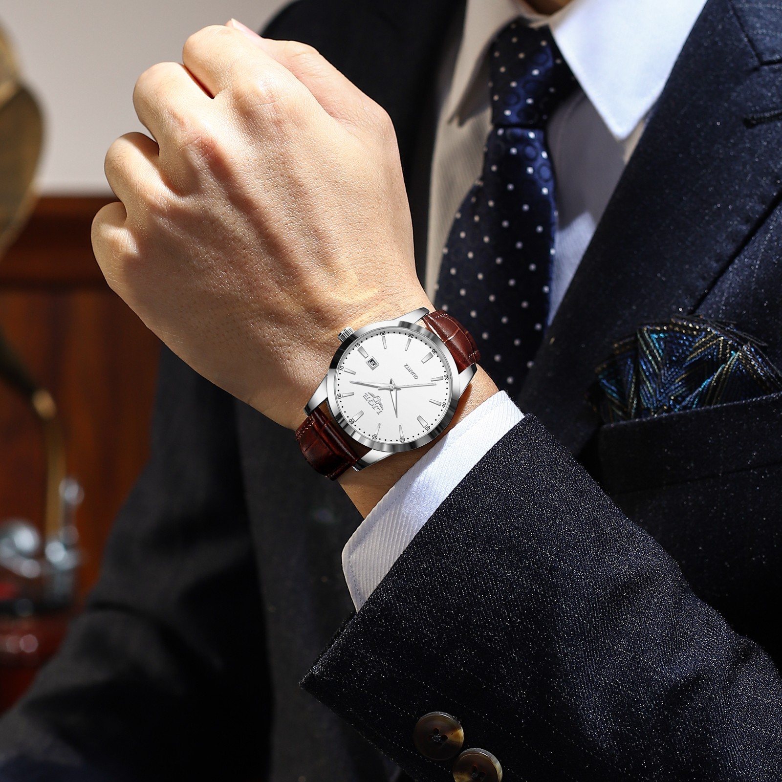 Men Watch Quartz Analog Date Luminous Waterproof Leather Classic Wristwatch +BOX