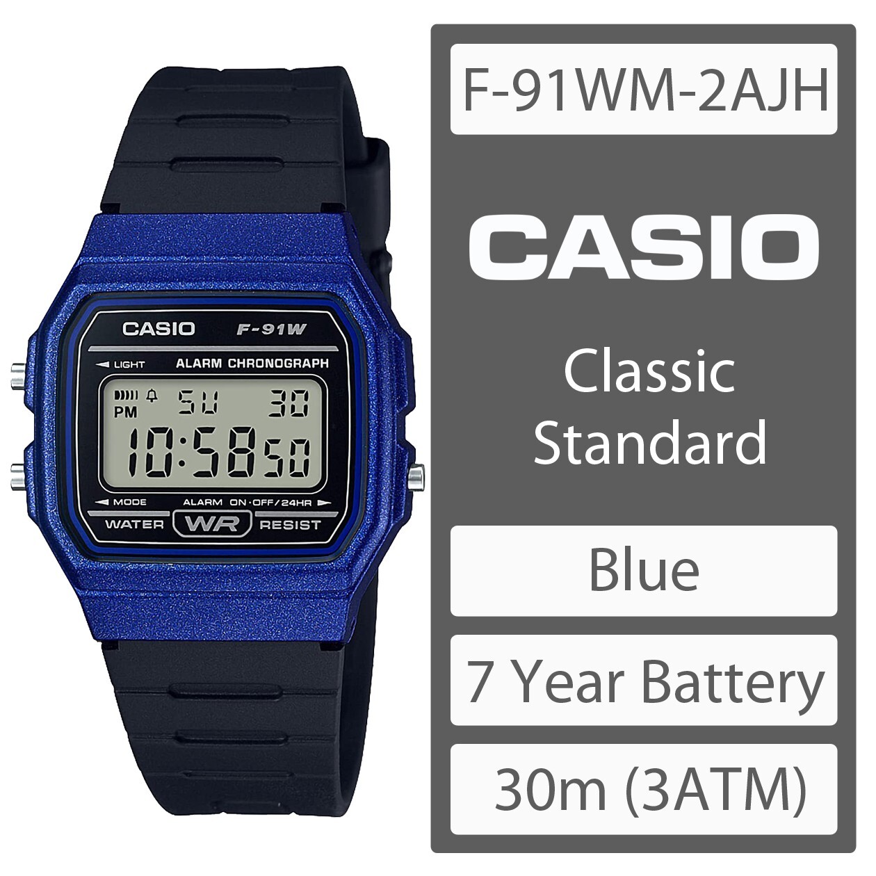 CASIO F-91WM-2AJH Classic Digital Watch Blue Case / Black Strap
