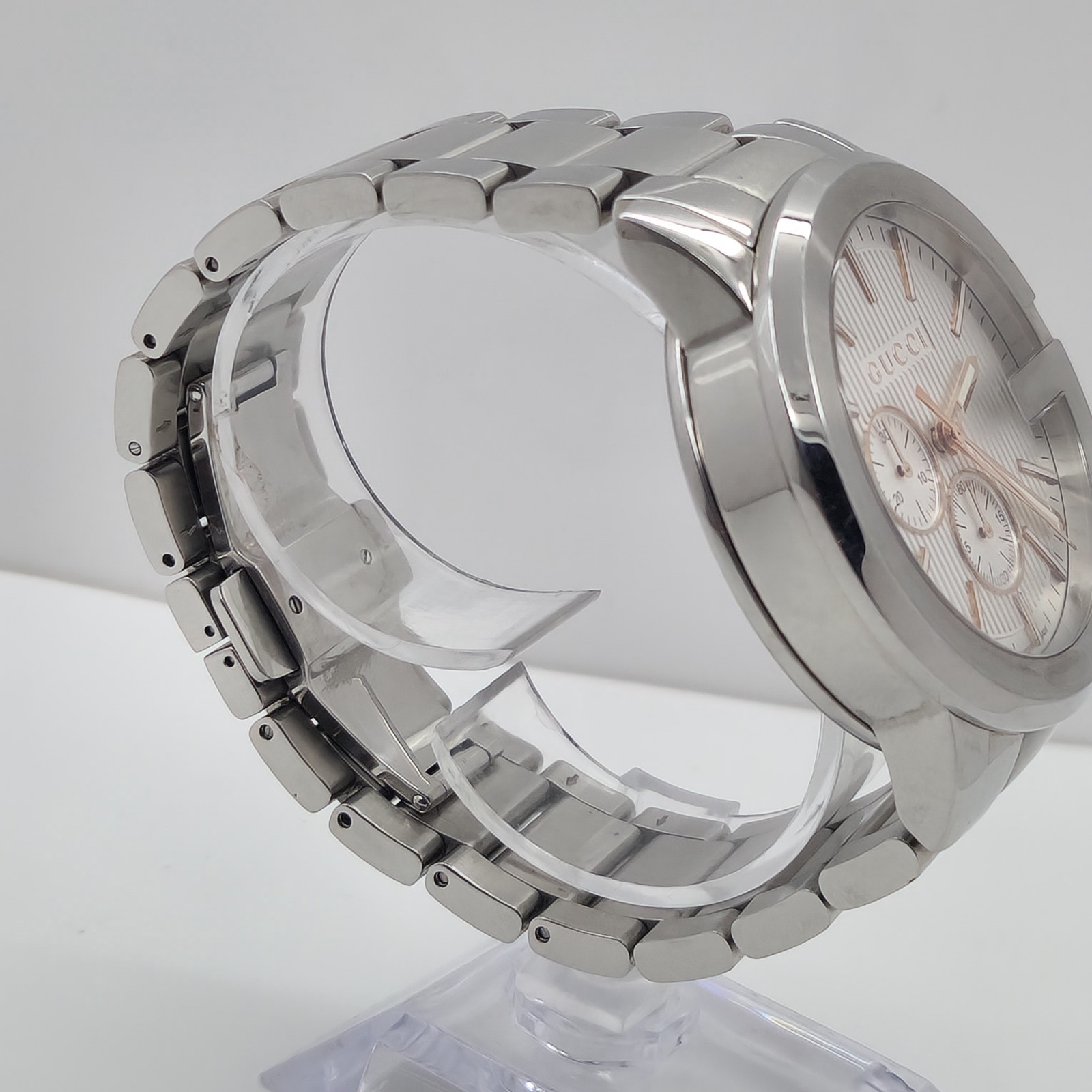 GUCCI G-CHRONO MENS $1820 SILVER ROSE GOLD ACCENTS CHRONOGRAPH WATCH YA101201
