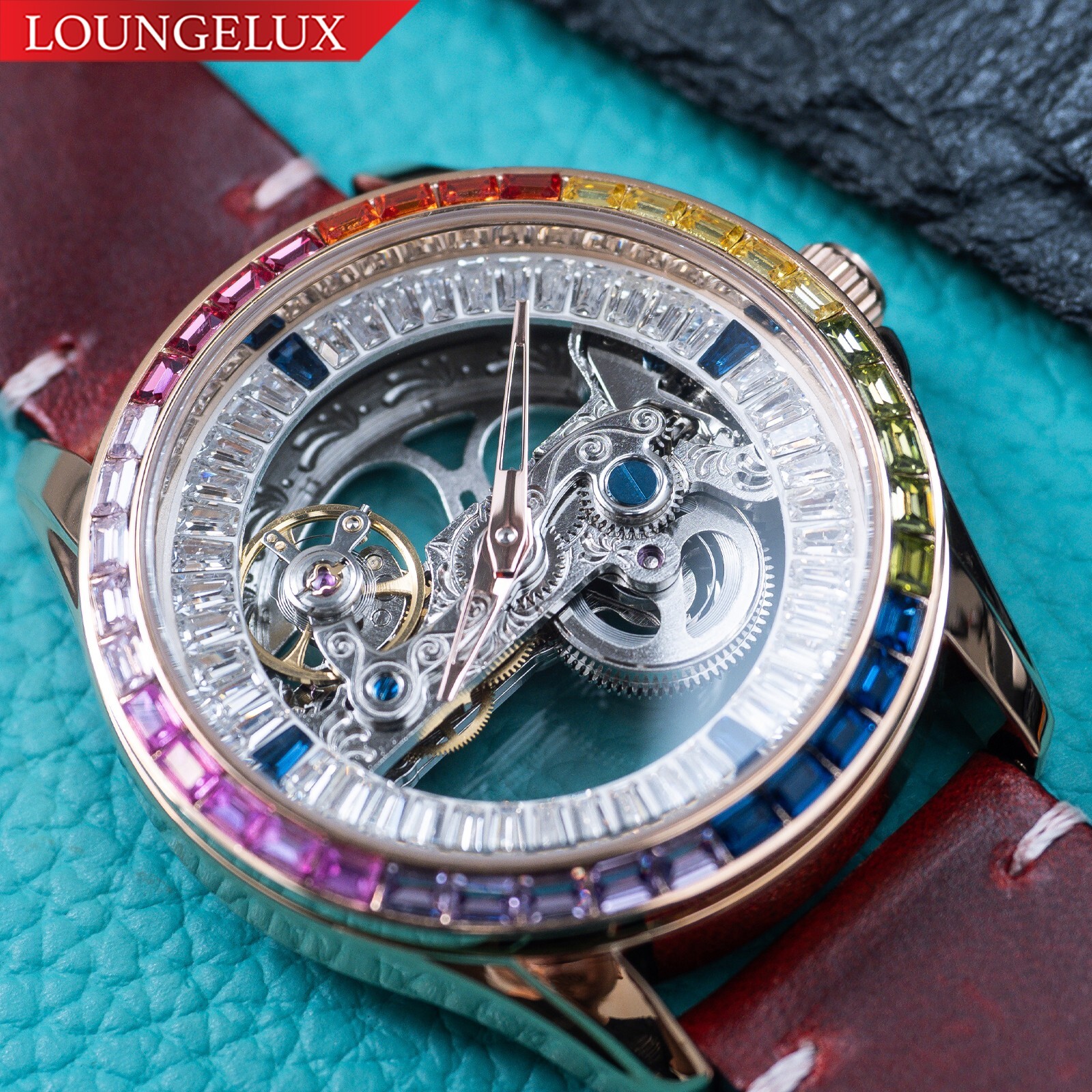 Mens Rose Gold Automatic Mechanical Watch Rainbow Cubic Oil Waxed Dark Red