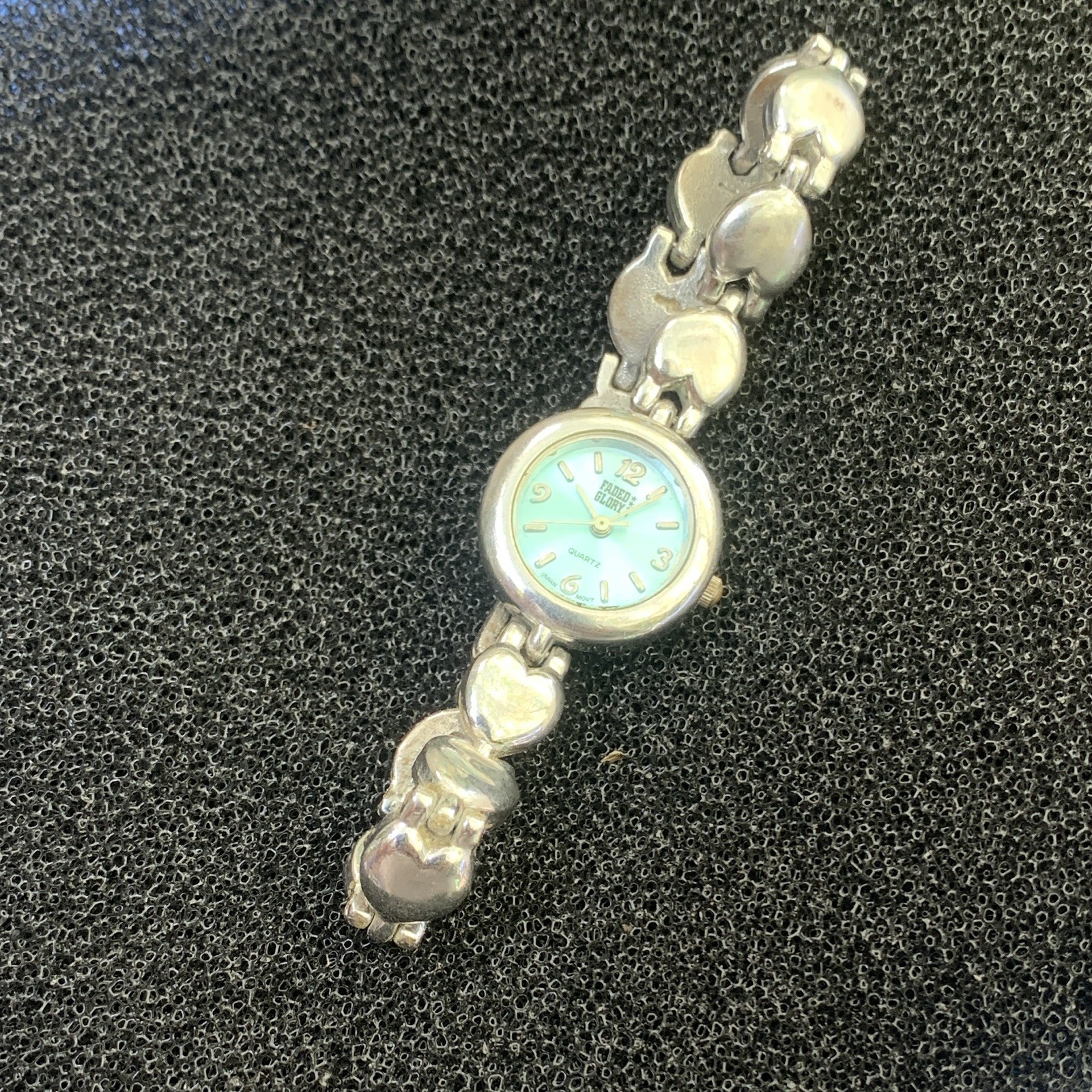 Faded Glory Quartz Analog Blue Dial Silver Tone Heart Link Bracelet Watch