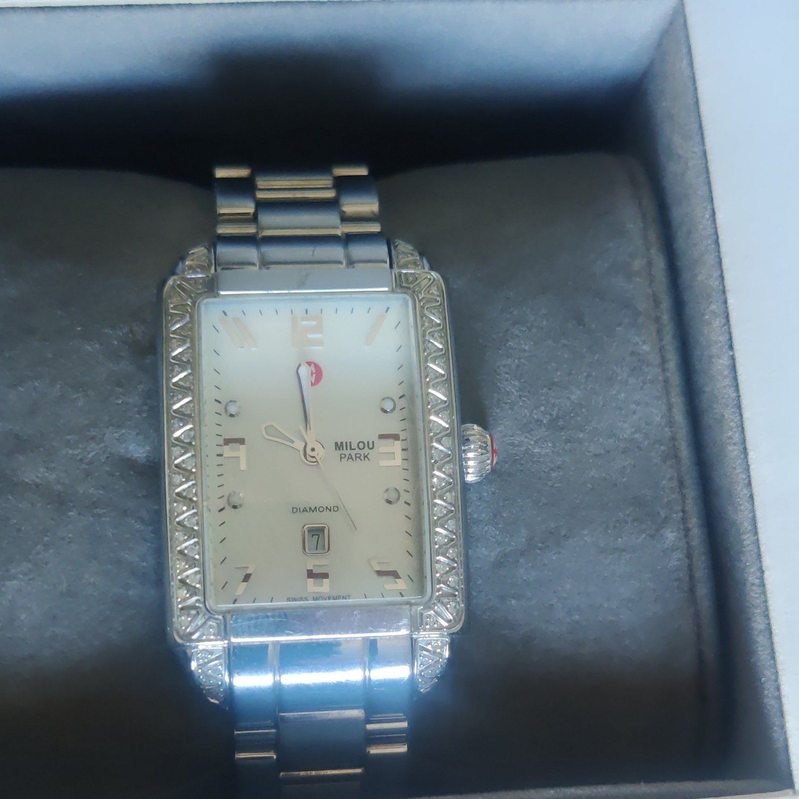 MICHELE Deco Women’s Swiss Quartz Diamond Bezel White Dial Watch w/ Box