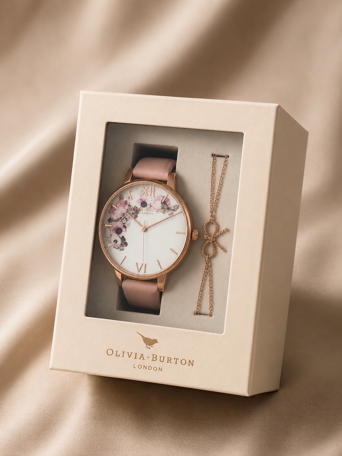 Olivia Burton London Women’s Floral Dial Watch Pink Leather Strap w/ Box Set