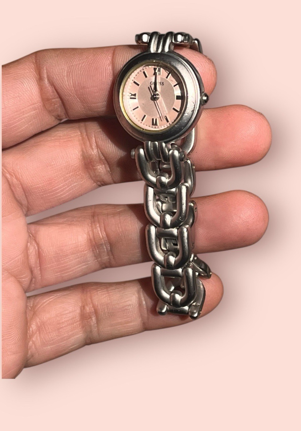 Vtg Guess Women Working Watch Pink Brushed Silver Chain Fold Over Clasp 6.75″
