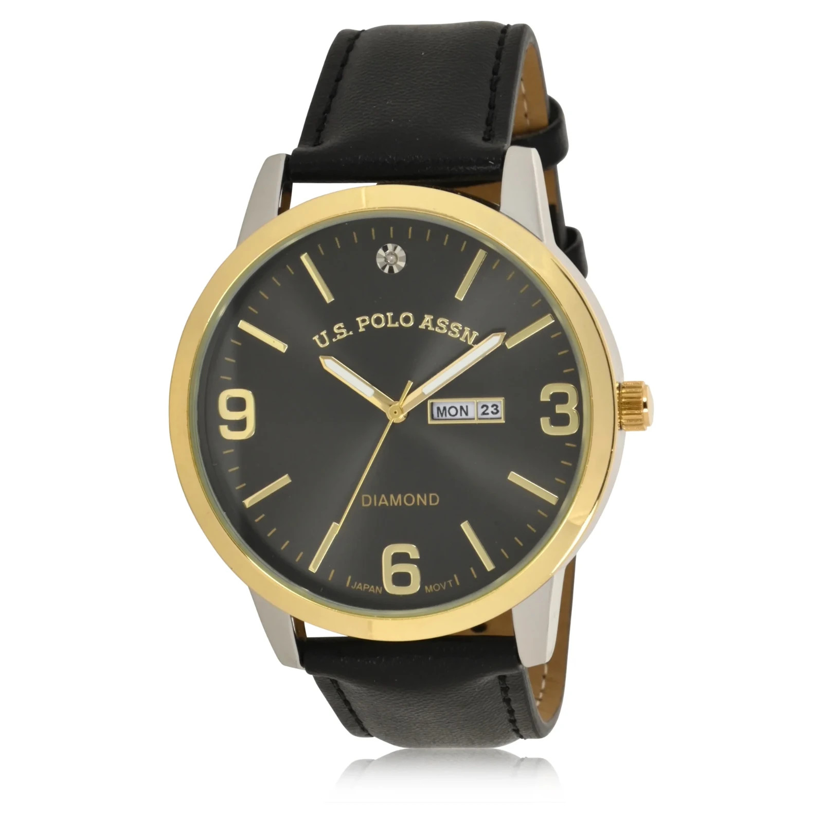 US Polo Assn. Diamond Watch Mens 45mm Gold Silver Tone Day Date New !