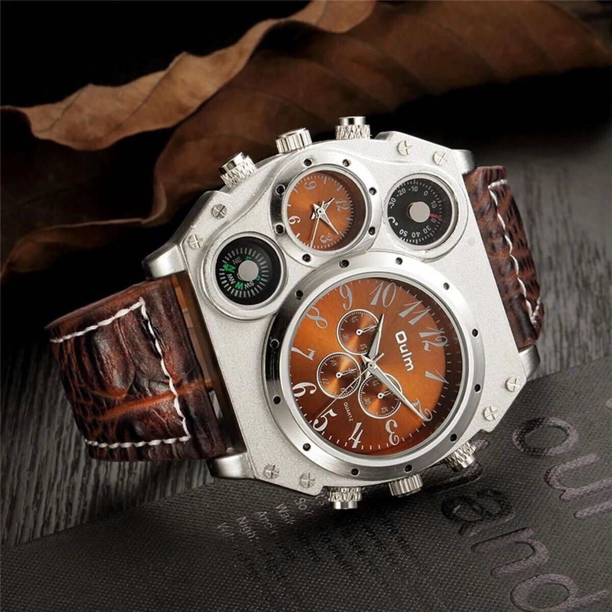 Two Time Zones Men Army Sports Fashion Big Dial Leather Strap Quartz Wrist Watch