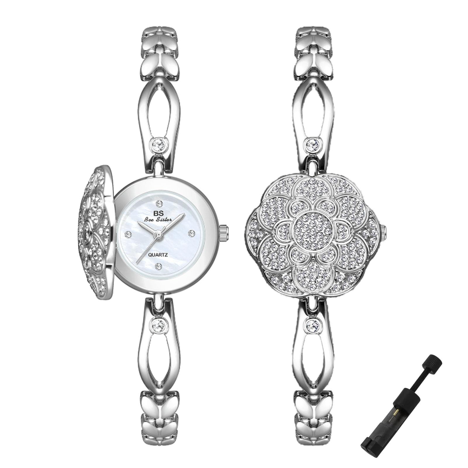 Dacdyi Elegant Women’s Crystal Flower Flip Cover Watch Luxury Bracelet Dress …