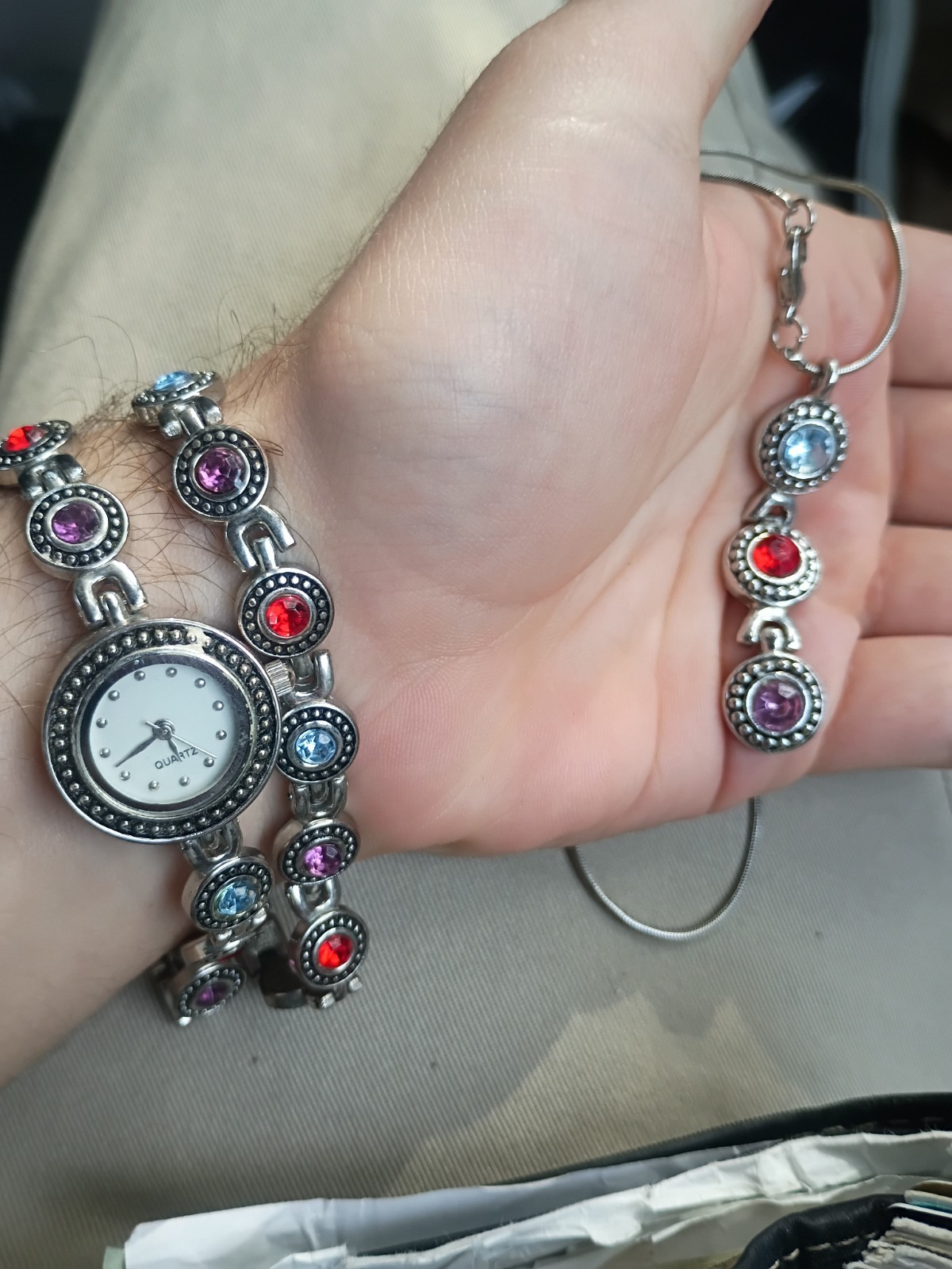 Silver Tone Bracelet, Watch & Necklace Set – Red, Blue & Purple Rhinestones