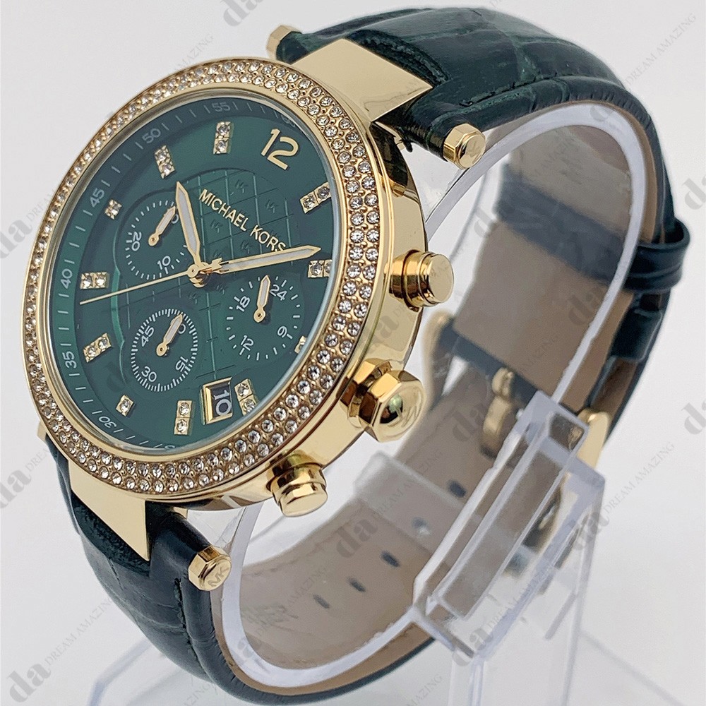 New Michael Kors MK6985 Parker Leather Strap Green Dial Quartz Women’s Watch