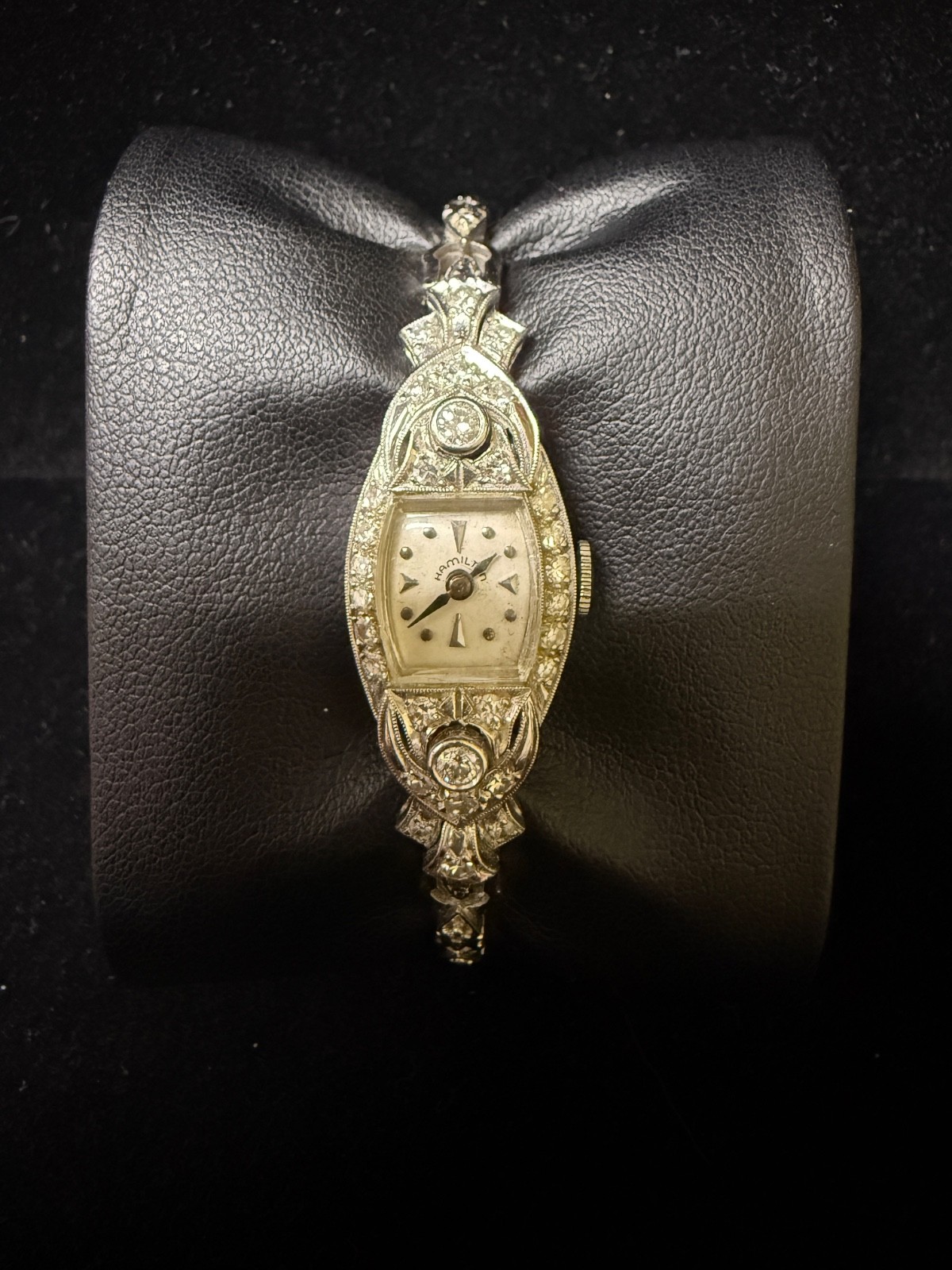 Vintage Hamilton Platinum Diamond Cocktail Watch 14K Gold Bracelet Art Deco
