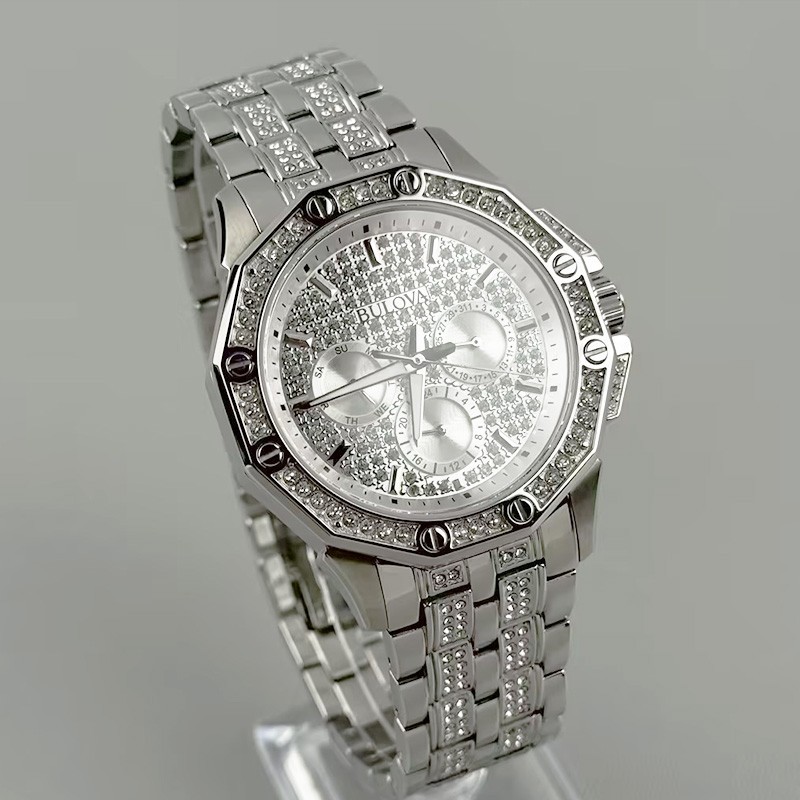 Bulova Octava Crystal 96C134 Silver Dial Chronograph Quartz Men’s Watch 41.5MM