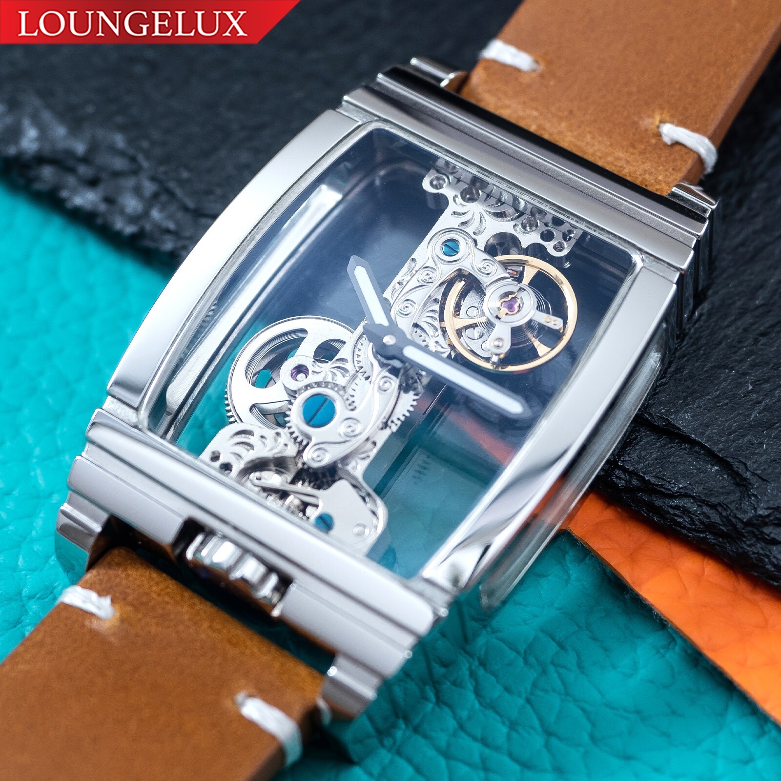 Mens Silver Manual Mechanical Watch Dark Tan LT. Brown Oil Waxed Vintage Leather