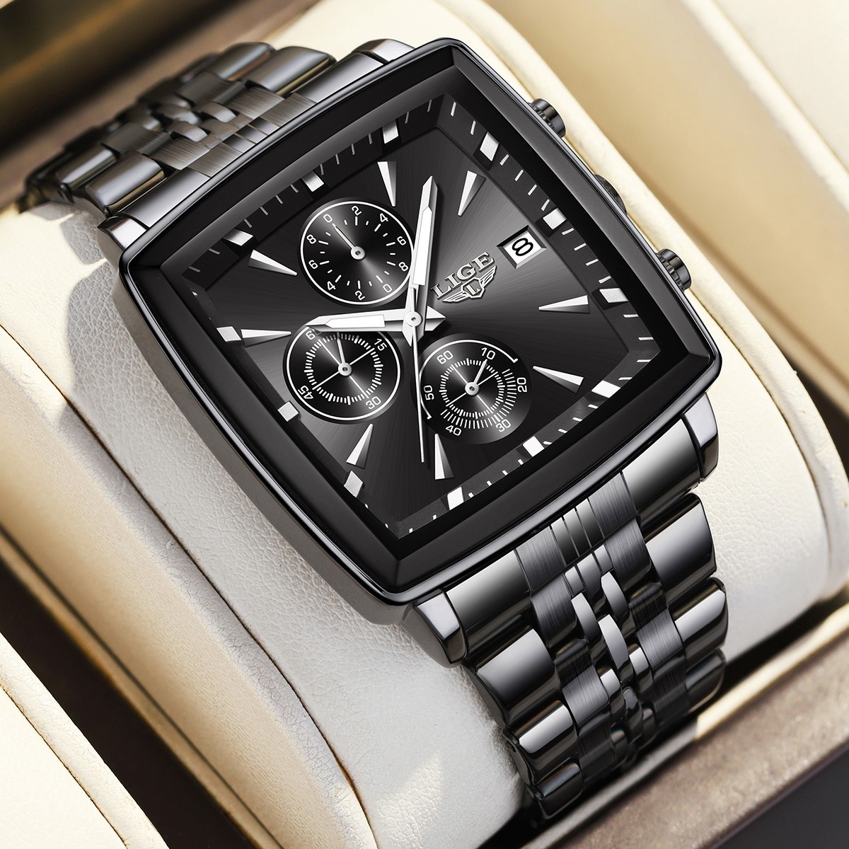 LIGE Men Watch Luxury Brand Steel Chronograph Wristwatch Man Business Watch +BOX