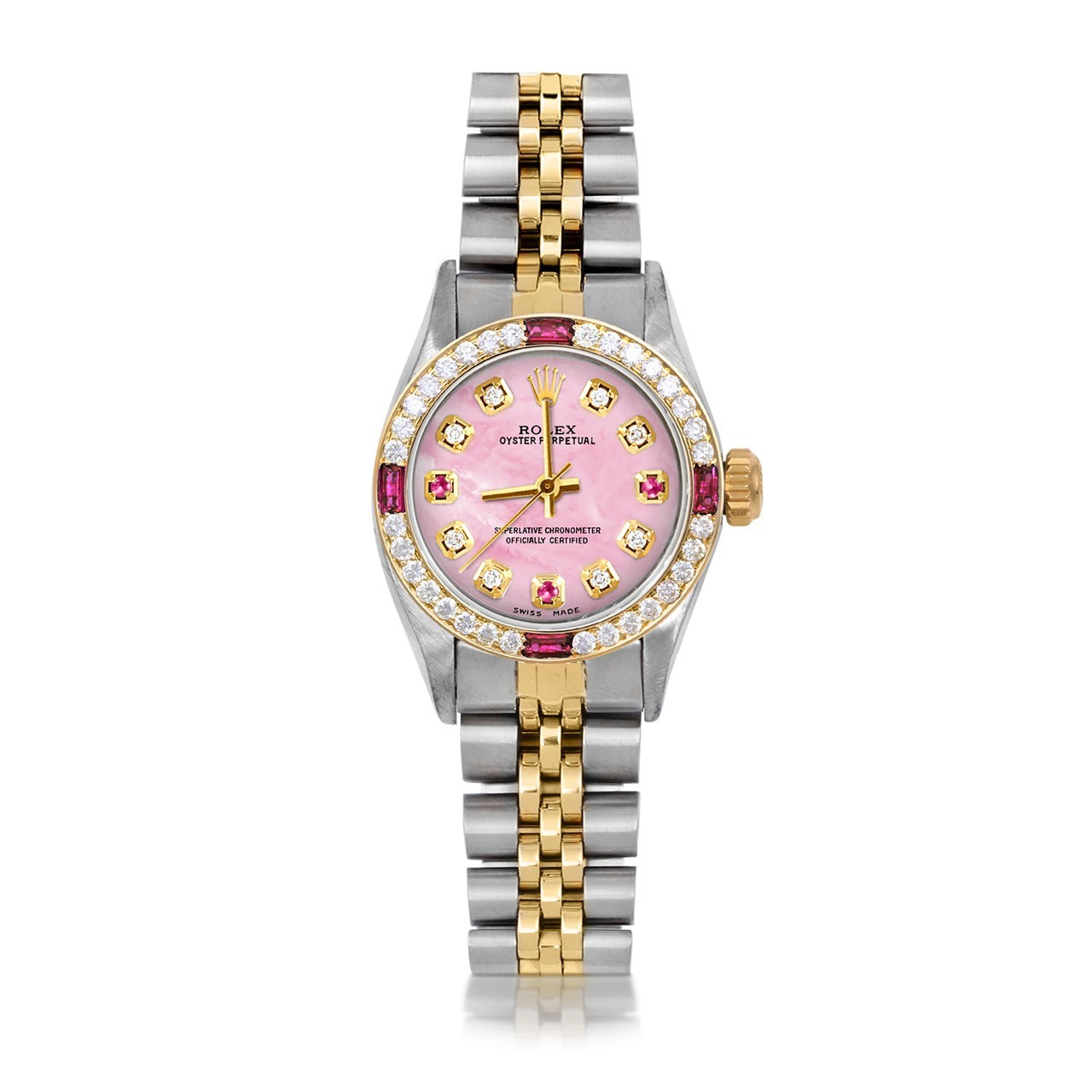 Rolex Ladies TT Oyster Perpetual Pink MOP Ruby Diamond Dial Ruby Diamond Bezel