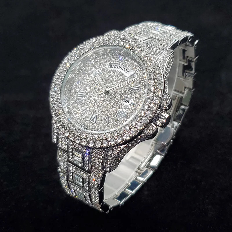 Luxury Iced Out Diamond Watch Men’s Bling Day Date Gold Steel Quartz Hip Hop
