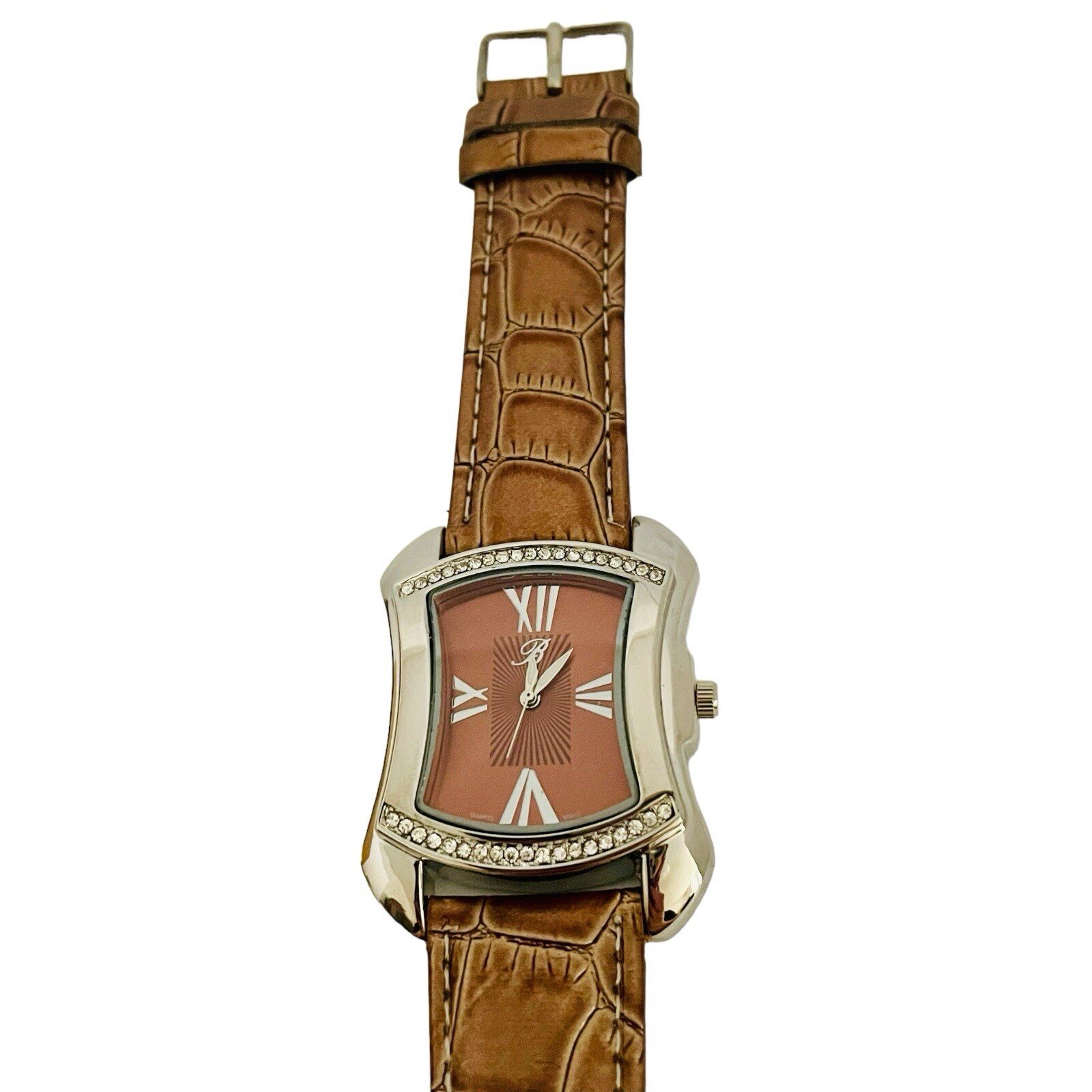 Women’s BURGI Watch Rhinestone Croc Emboss Leather Quartz Wrist Watch
