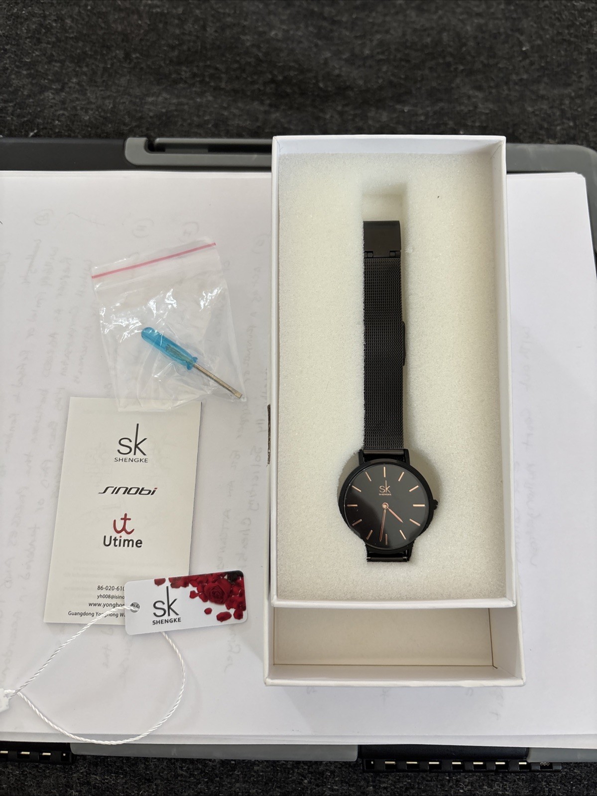 Shengke Mesh Band Watch Women Black Minimalist Rose Gold Accents Casual