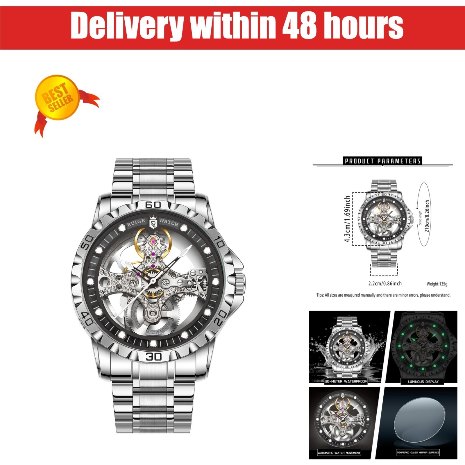 RUIGE Men’s Skeleton Automatic Mechanical Watch, 30M Waterproof, 43MM