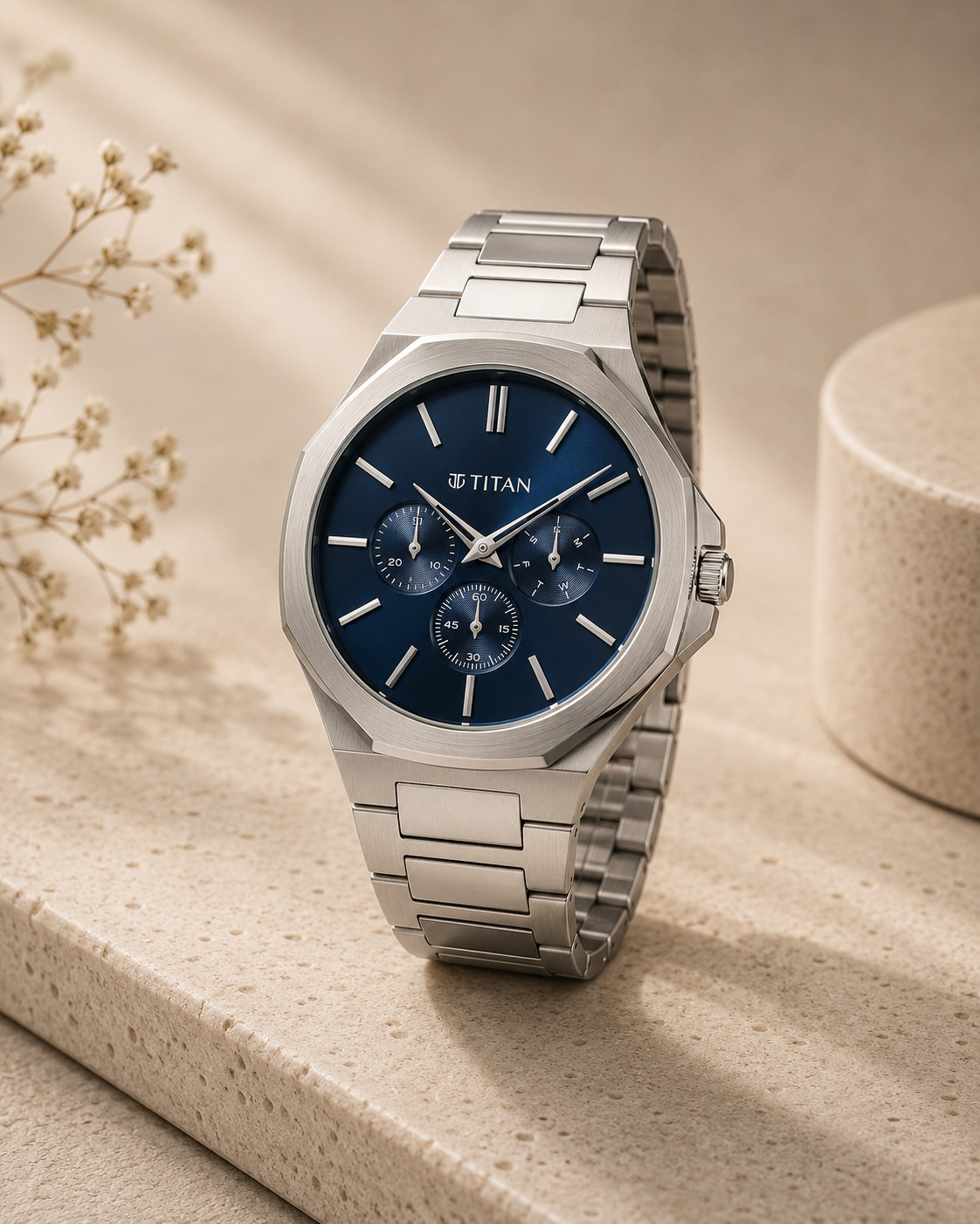 Titan Neo Octagon 90198SM01 Mens Watch Blue Dial Silver Stainless Steel New
