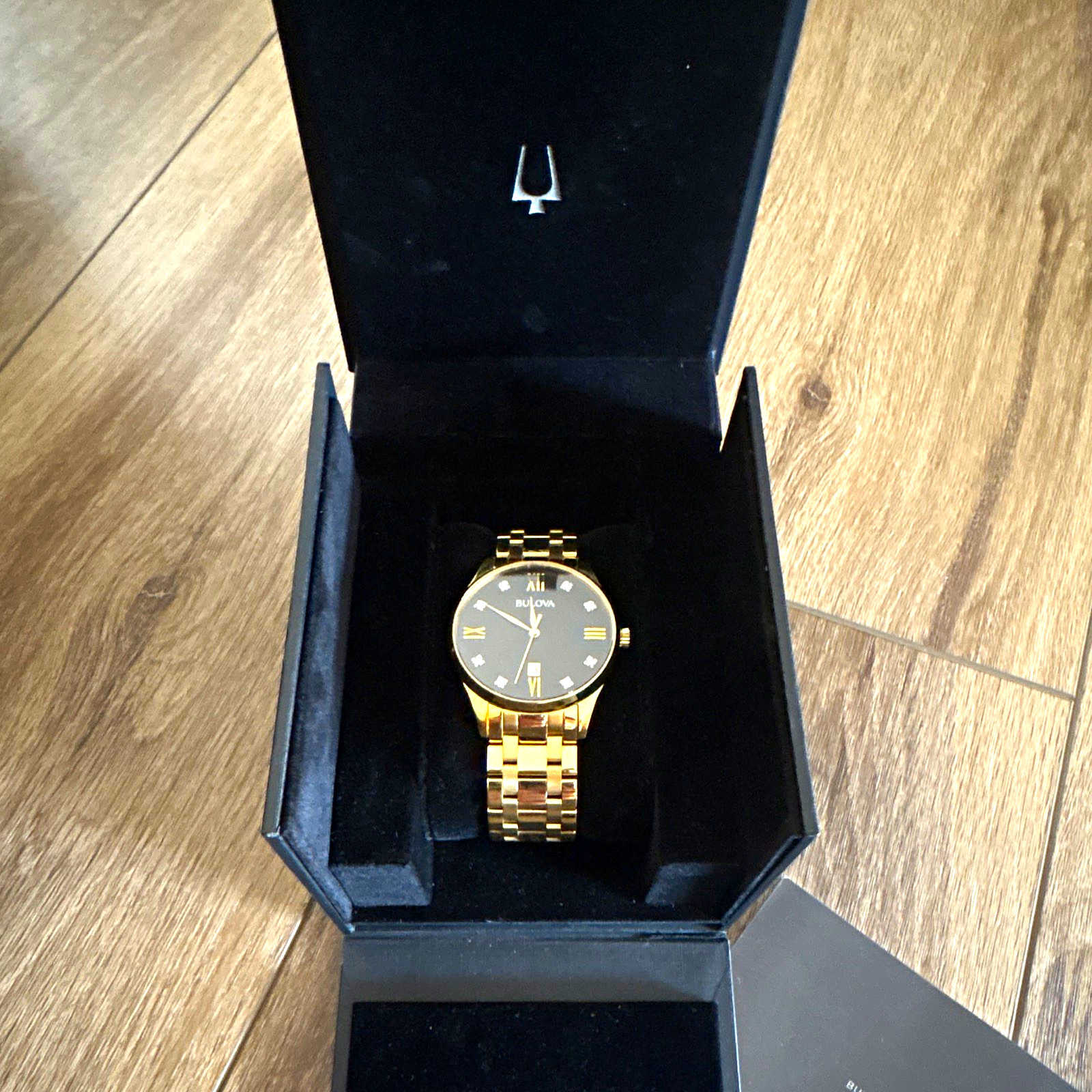 Bulova 97D108 Classic Diamond Black Dial Gold-Tone Men’s Quartz Watch 40mm.