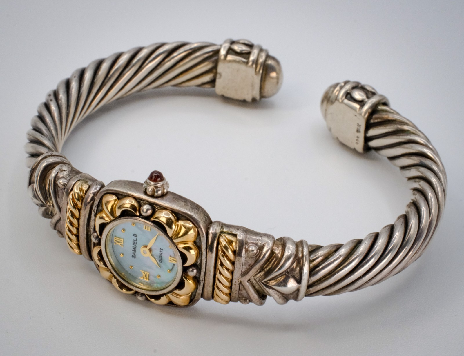 Samuel Benham Sterling & 14k Yellow Gold, Blue Mother of Pearl Bangle Cuff Watch