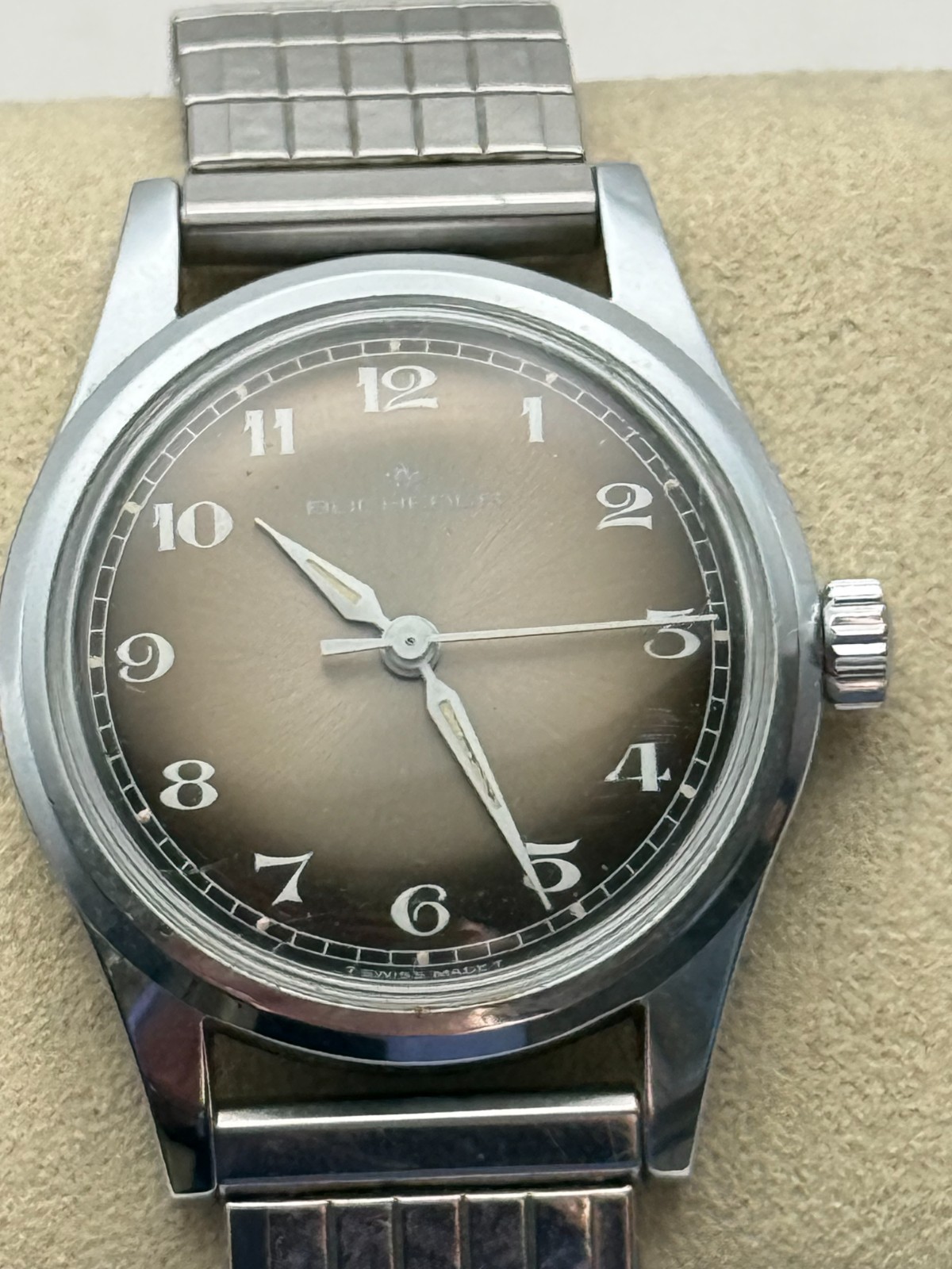 Vintage Bucherer 31mm Stainless Manual Wind Tropical Dial Watch