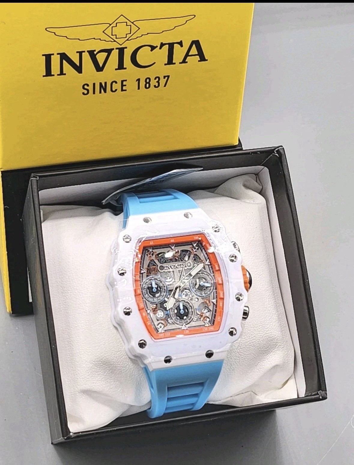 Invicta Chronograph Date Tonneau Watch White Case Orange Bezel Blue Strap Box