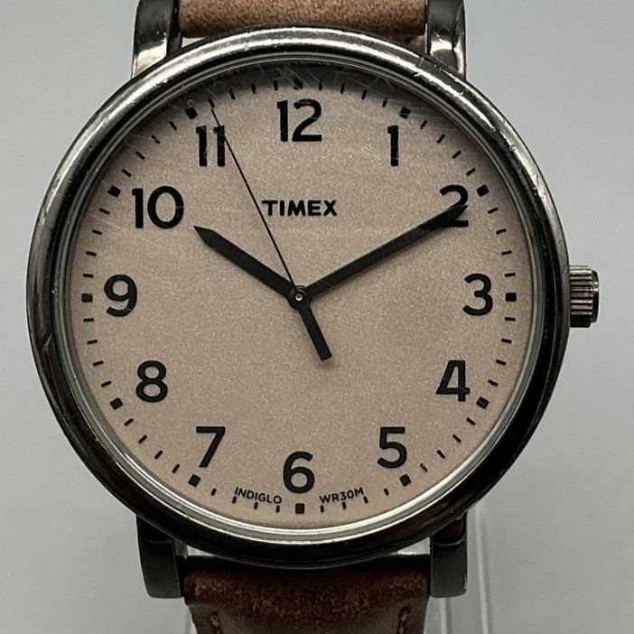 Timex Mens Watch 42mm Beige Dial Black Case Brown Leather Indiglo New Battery