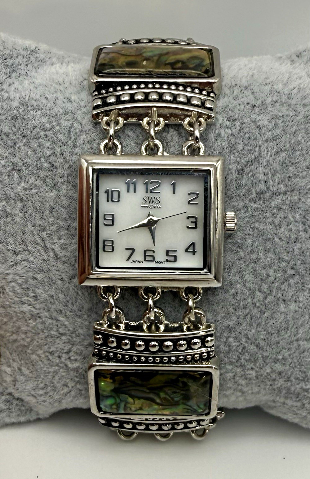 Womens SWS Quartz Vintage Square Silver Tone Metal Bracelet Abalone Dial Watch