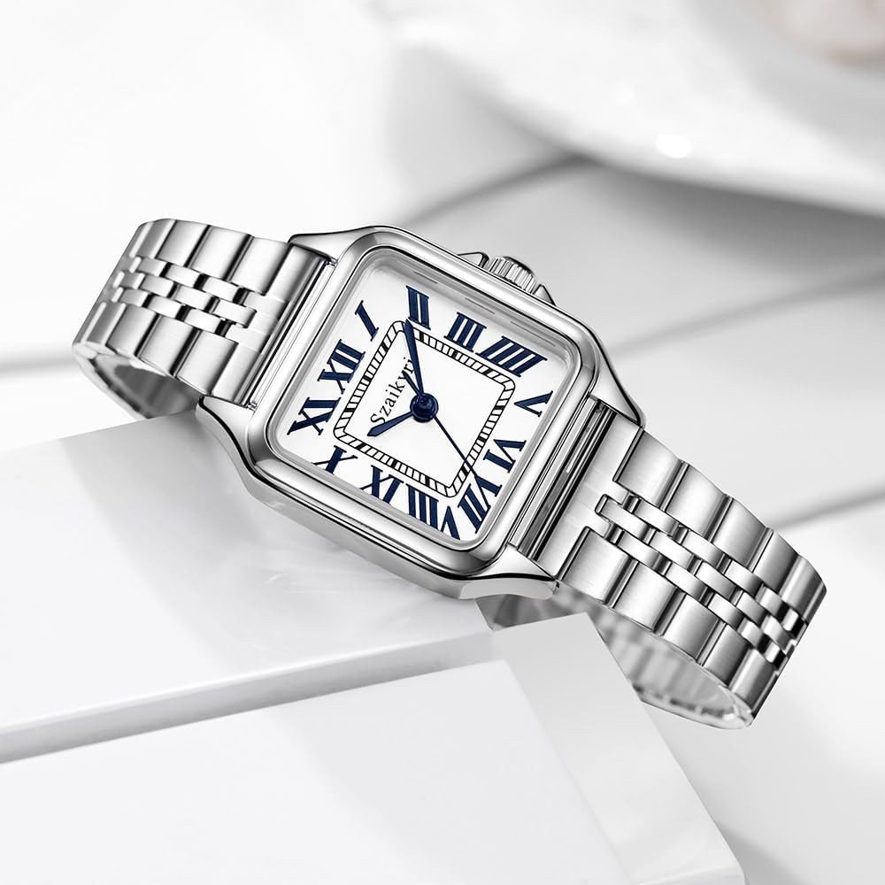 Luxury Women’s Square Analog Watch with Stainless Steel Band & Roman Style