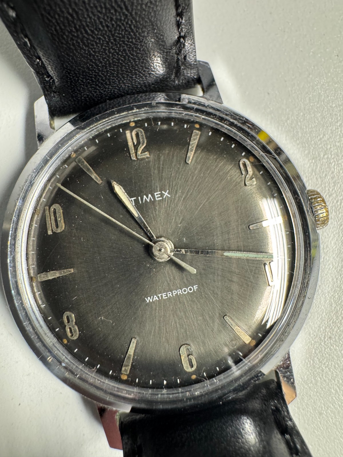 Timex Vintage 1960s Marlin Wind Up 34MM Midnight Sunburst New Crystal Runs Good