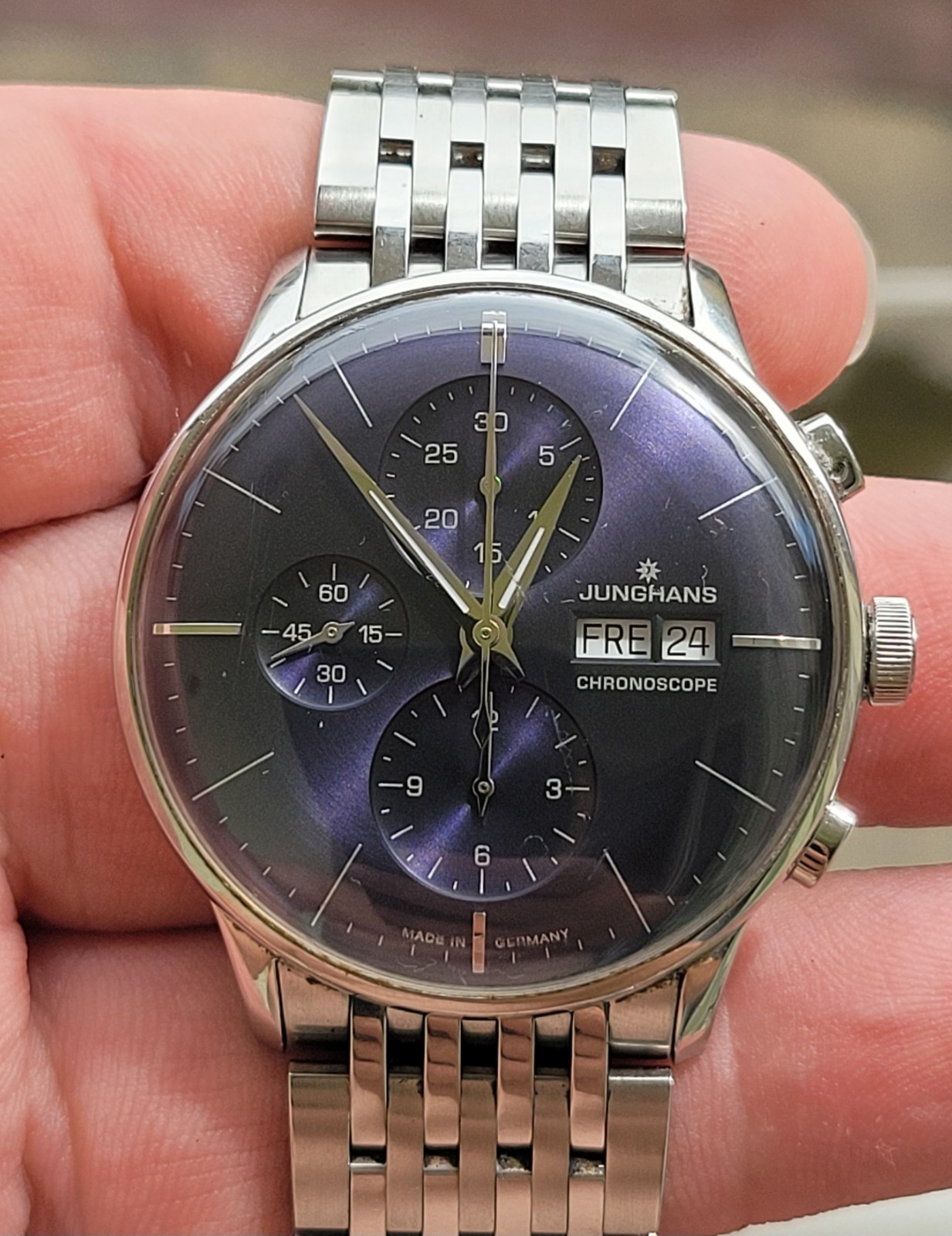 JUNGHANS Meister Chronoscope 027/4528. automatic plexiglass Blue Dial 41mm