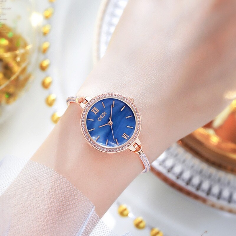 18K Rose Gold Filled Crystal Round Face Adjustable Slide Bracelet Quartz Watch