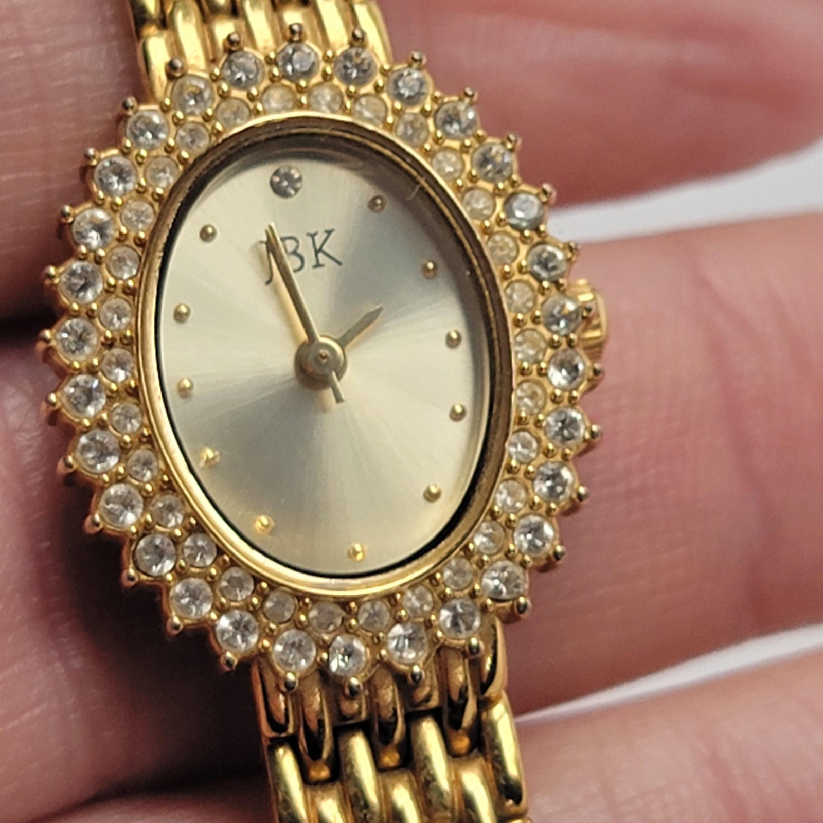 JBK Womens Gold Oval Elegant Dress Watch Gemmed Bracelet Quartz Jewelry Clasp