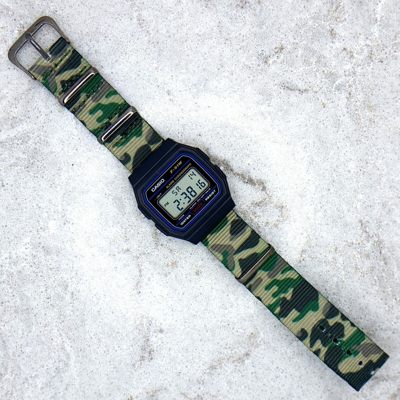 Casio F-91W Watch on a jungle camo Ballistic Nylon Strap, F-91W-1YEF