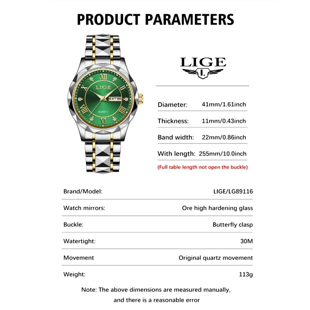 LIGE Men Watch Quartz Stainless Steel Luminous Date Green Dial Daily Wristwatch