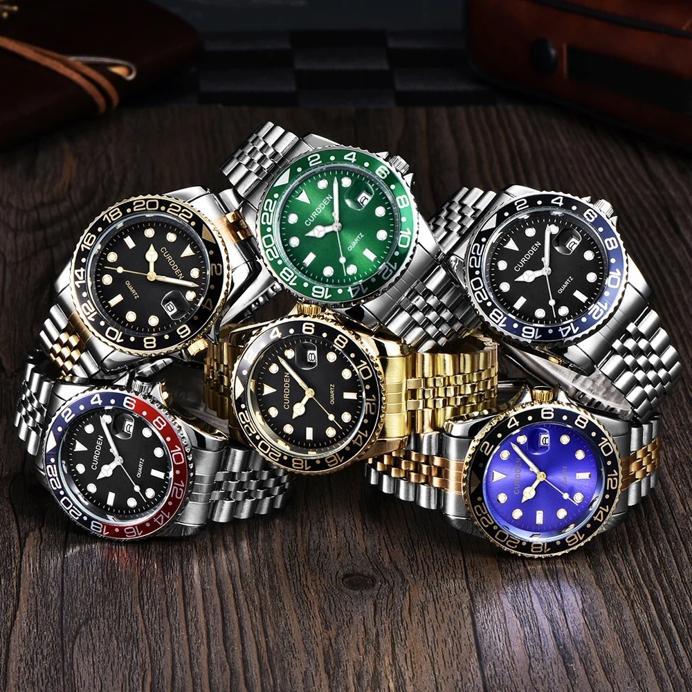 Men’s Green Dial Quartz Wristwatch Stainless Steel Band Casual Fashion