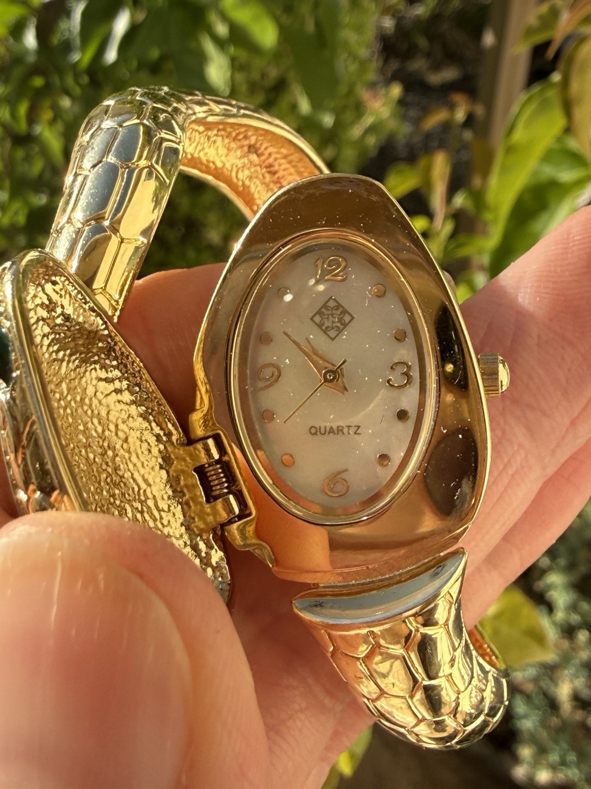 Fabulous Snake Quartz Watch Hinged Bangle Bracelet Goldtone Emerald Eyes Runs!