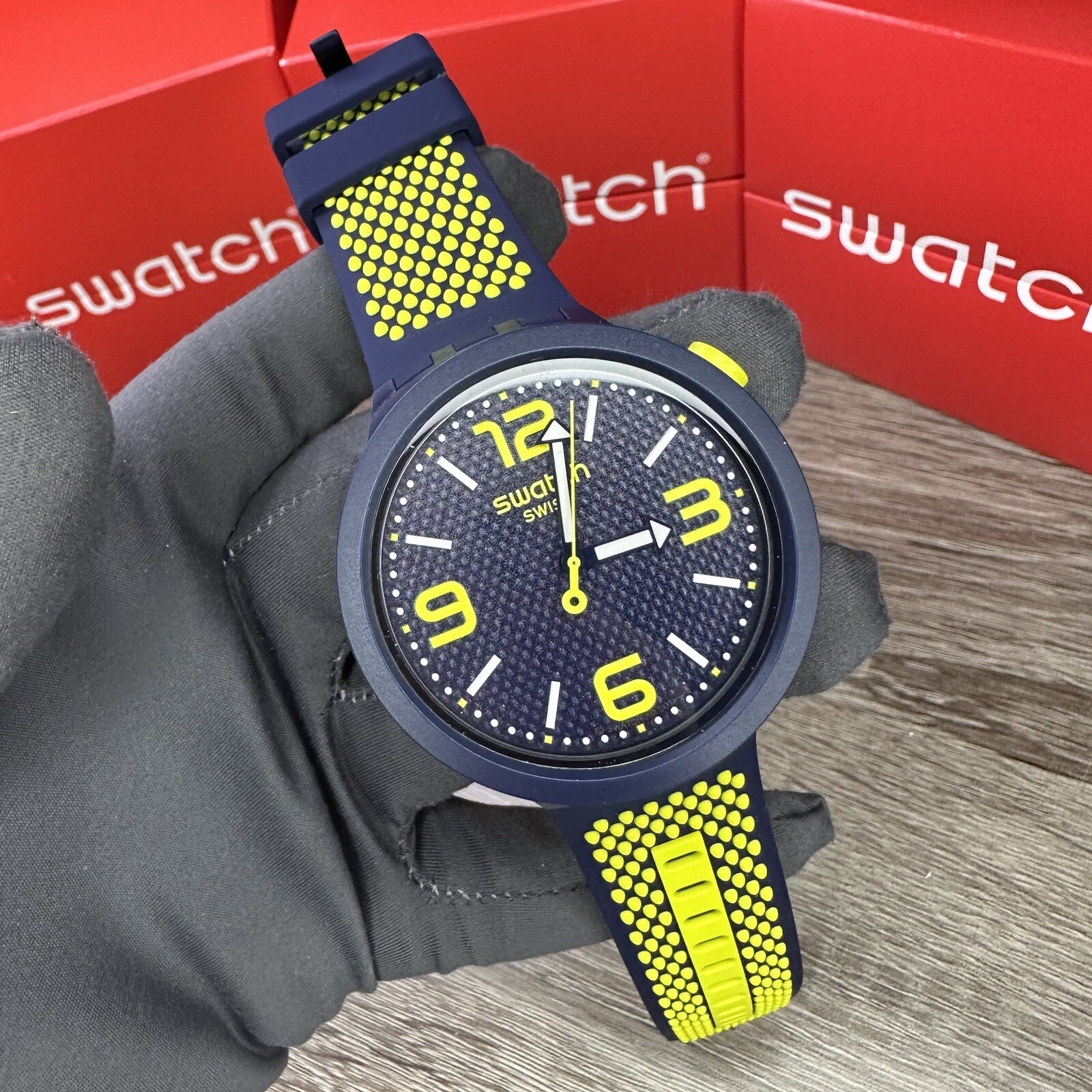 NEW✅ Swatch Big Bold BBNEON Navy Blue Neon Yellow Men’s Watch SO27N102