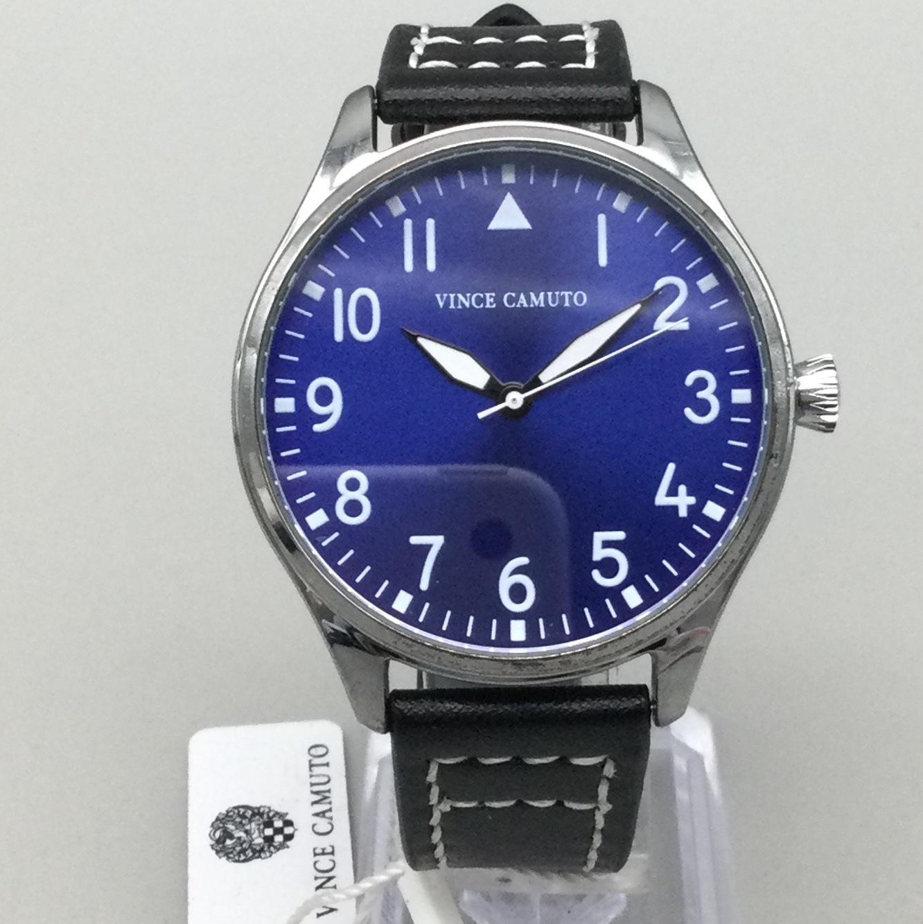 Vince Camuto Mens Watch 42mm Silver Tone Blue Dial Pilot Aviator Black Strap